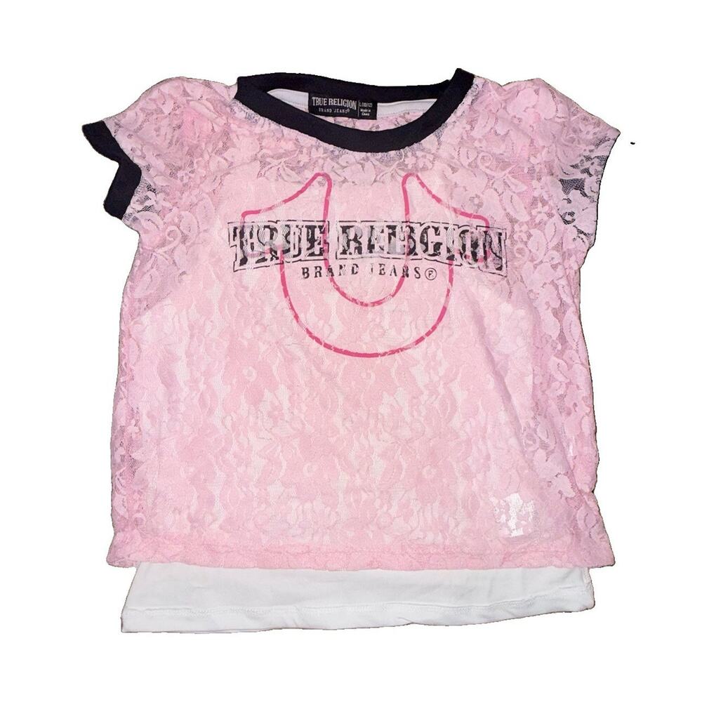 True Religion Girls 12 Pink Lace Logo Crew Neck Short Sleeve T-Shirt